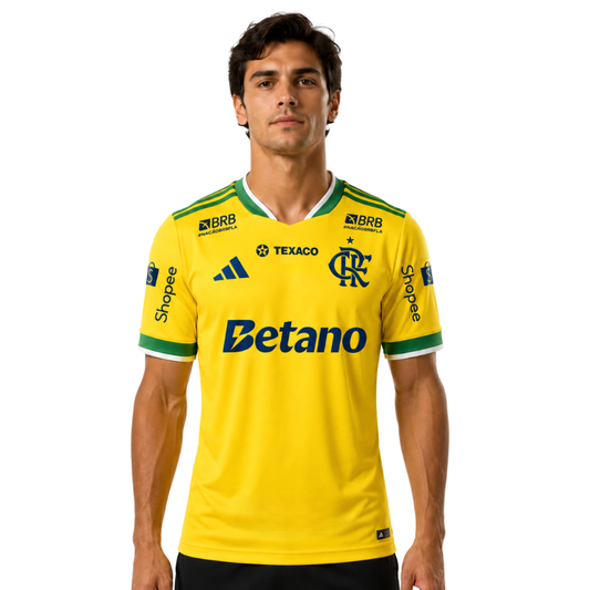 Camisa Masculina Flamengo Brasil 2026 - Amarelo+Verde sponsor